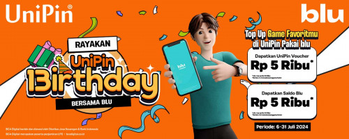 Hadiah Spesial di UniPin 13irthday - Bonus Voucher UniPin & Cashback Saldo blu